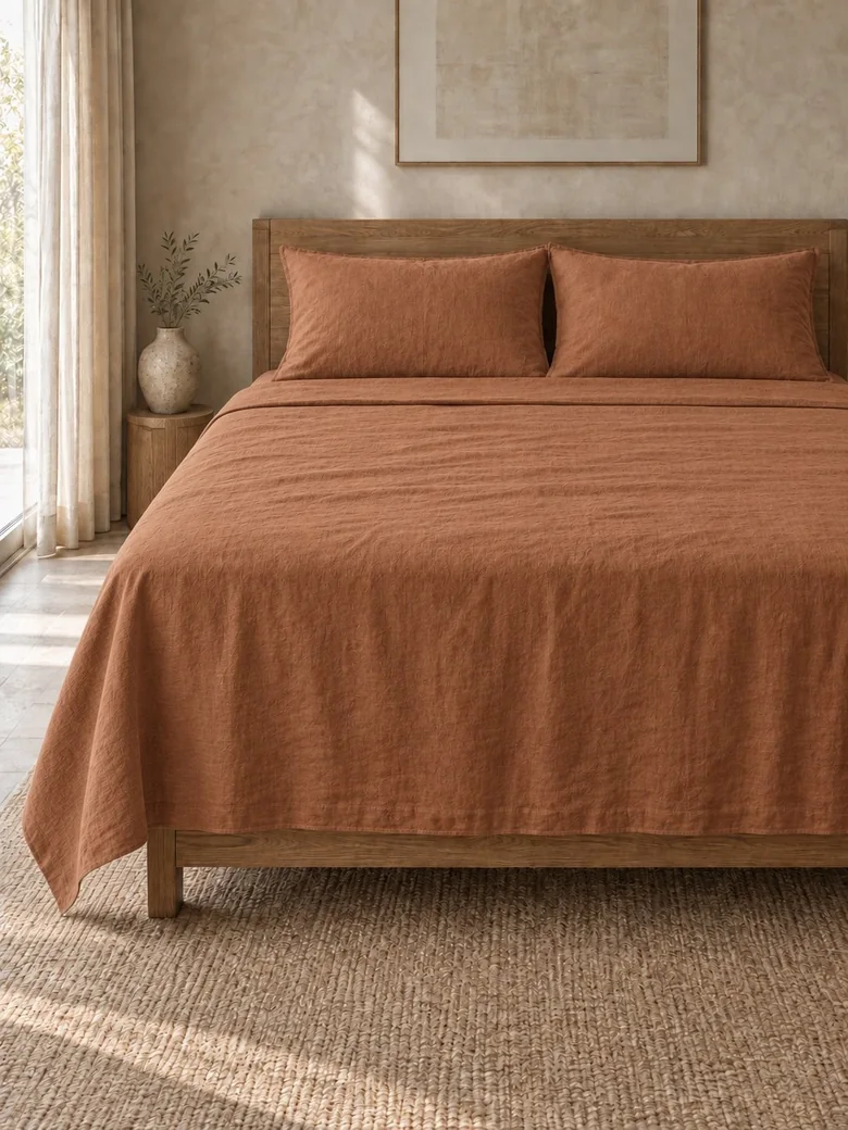 Linen sheet set in Terracotta on a wooden bed