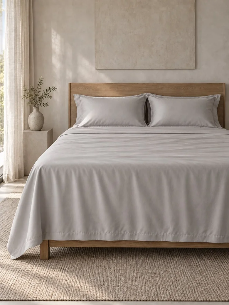 TENCEL™ sheet set in Stone on a wooden bed