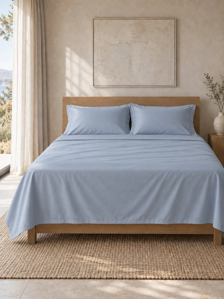 TENCEL™-cotton sheet set in Muted blue on a wooden bed