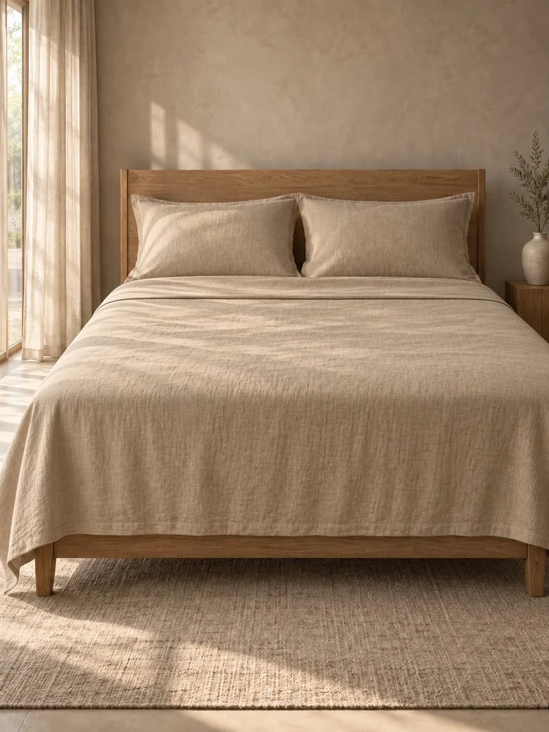 TENCEL™-linen sheet set in Flax on a wooden bed