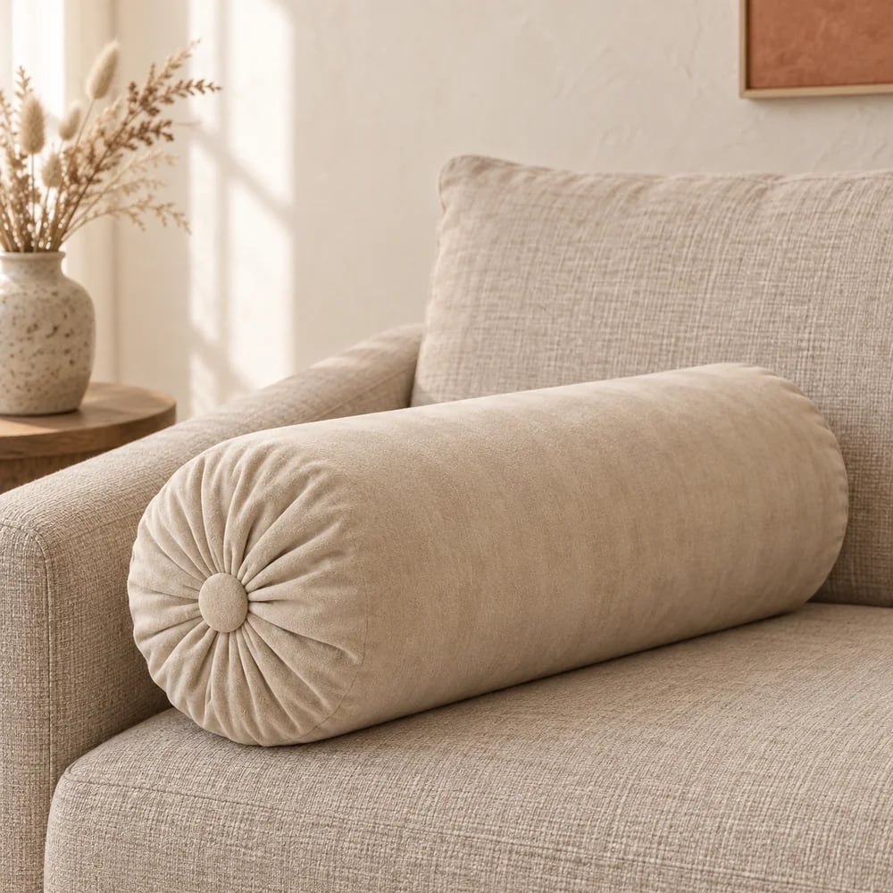 Natural cotton velvet bolster with gathered ends and covered buttons