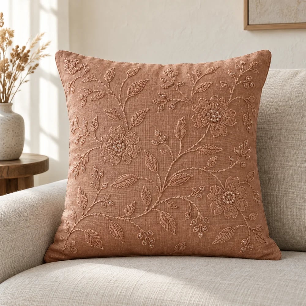 Cotton cushion cover, aari bead embroidery in clay