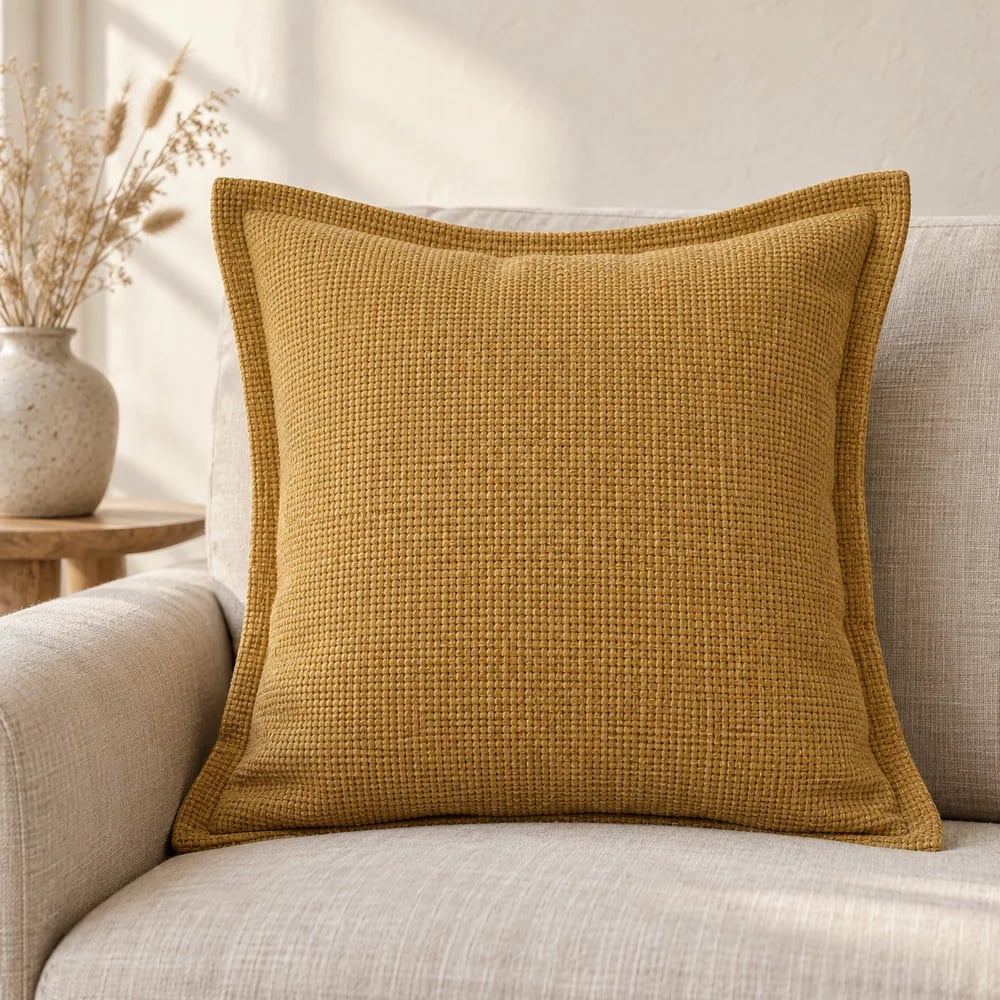 Linen-cotton cushion cover, basketweave in ochre