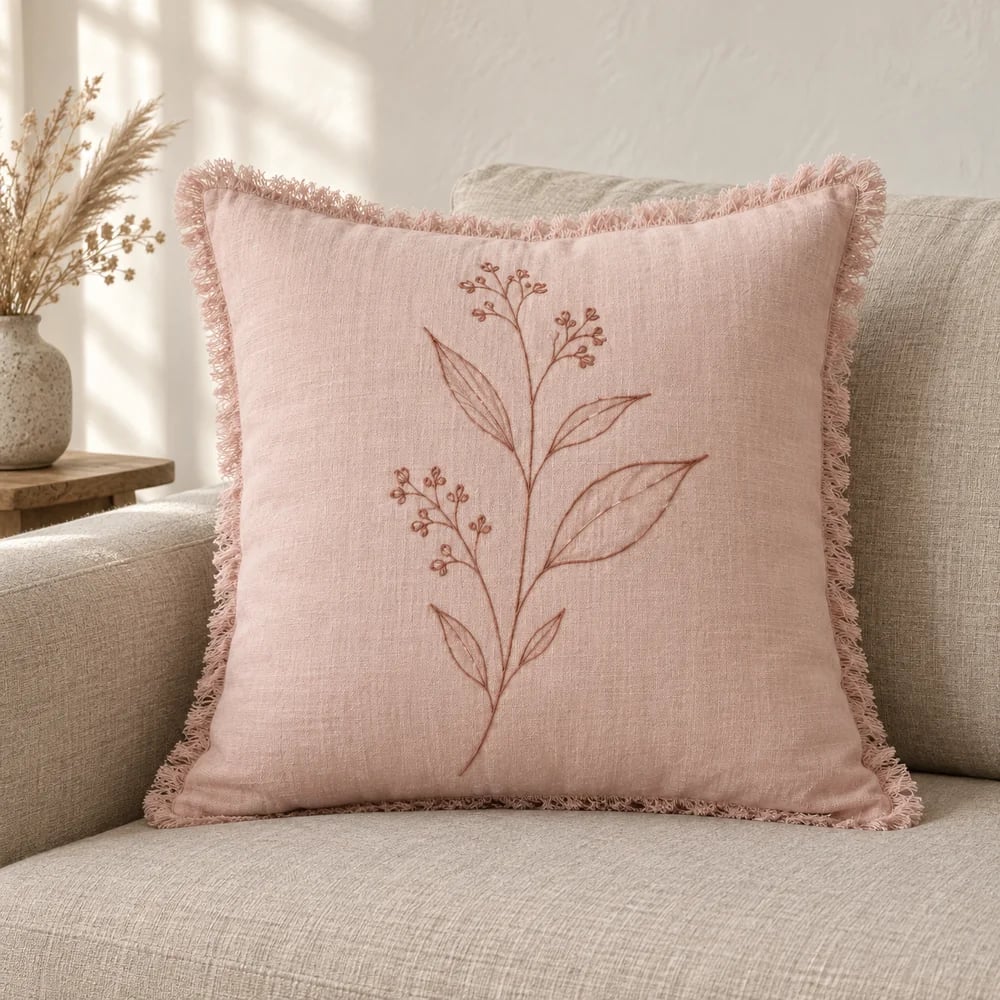 Linen cushion cover, botanical line embroidery in blush pink