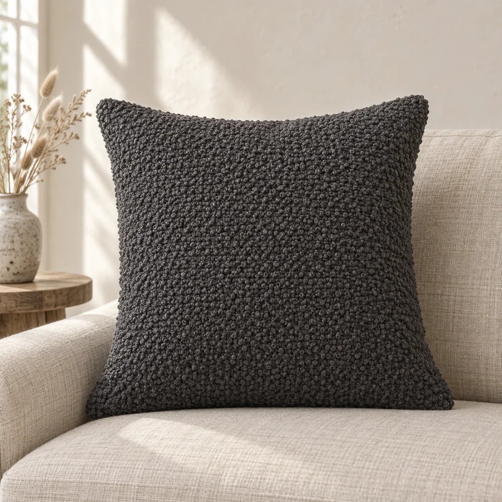 Cotton bouclé cushion cover in charcoal