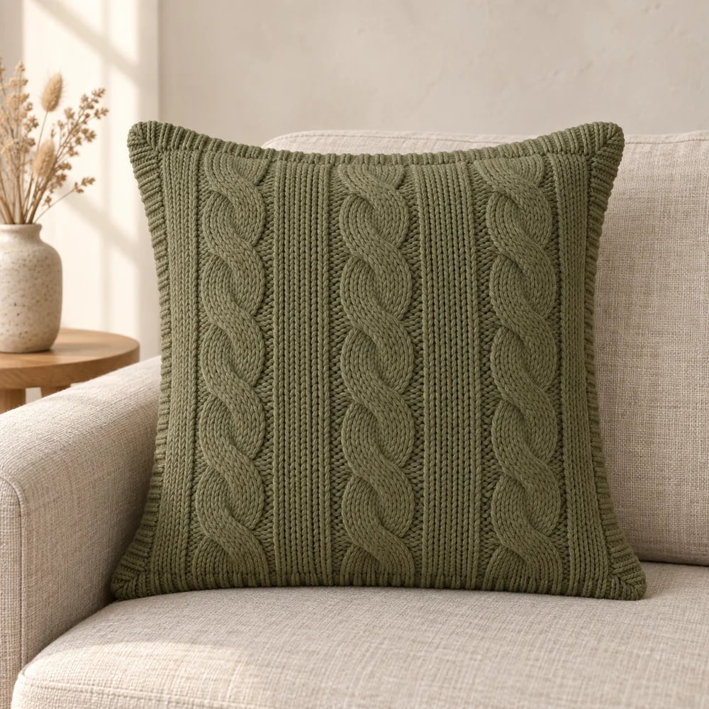 Cable knit cushion cover in olive