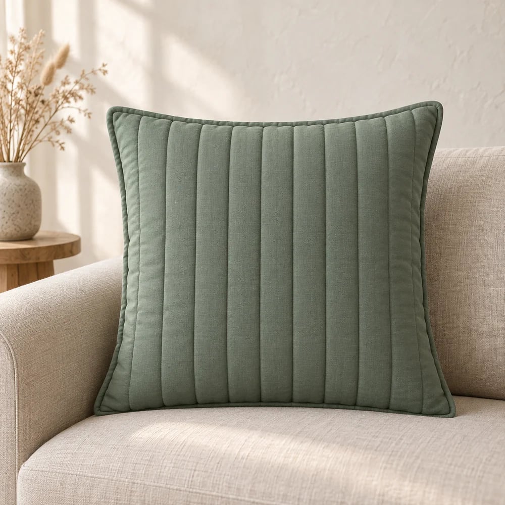 Cotton cushion cover, channel quilted in eucalyptus