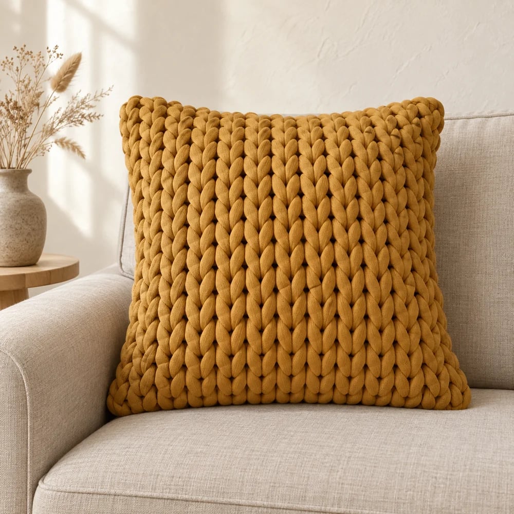 Chunky knit cushion cover in ochre
