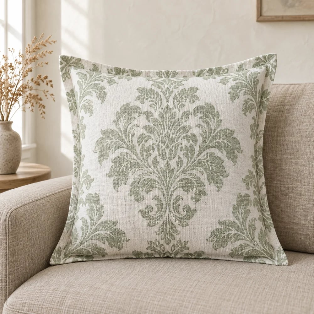 Linen-cotton cushion cover, damask jacquard in white