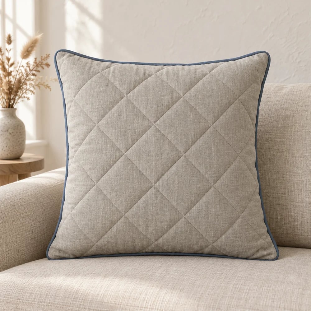 Linen cushion cover, diamond quilted in stone