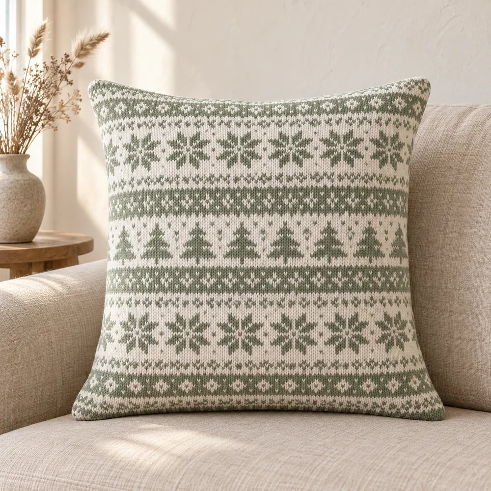 Fair isle knit cushion cover in white