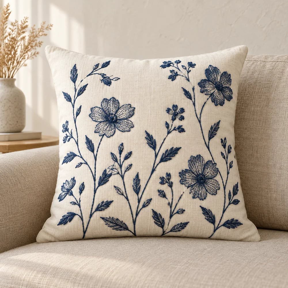 Linen-cotton cushion cover, floral embroidery in ivory