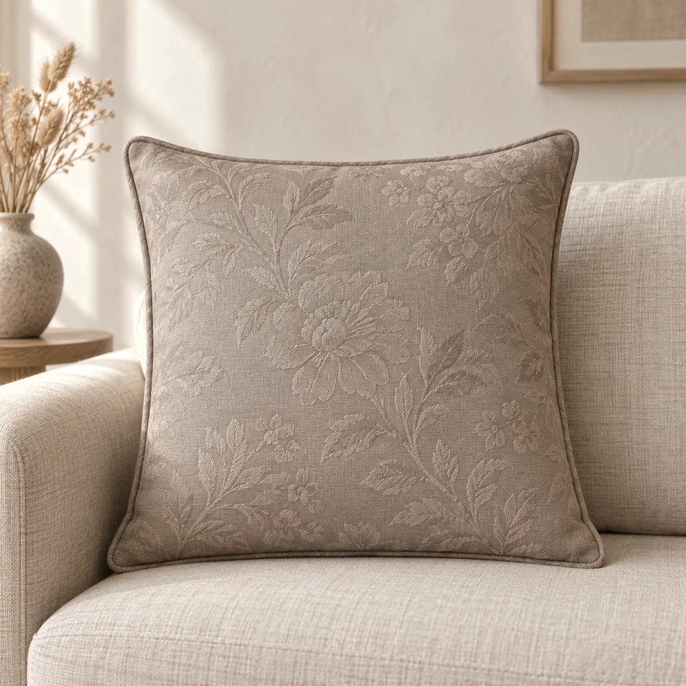 Cotton cushion cover, floral jacquard in taupe