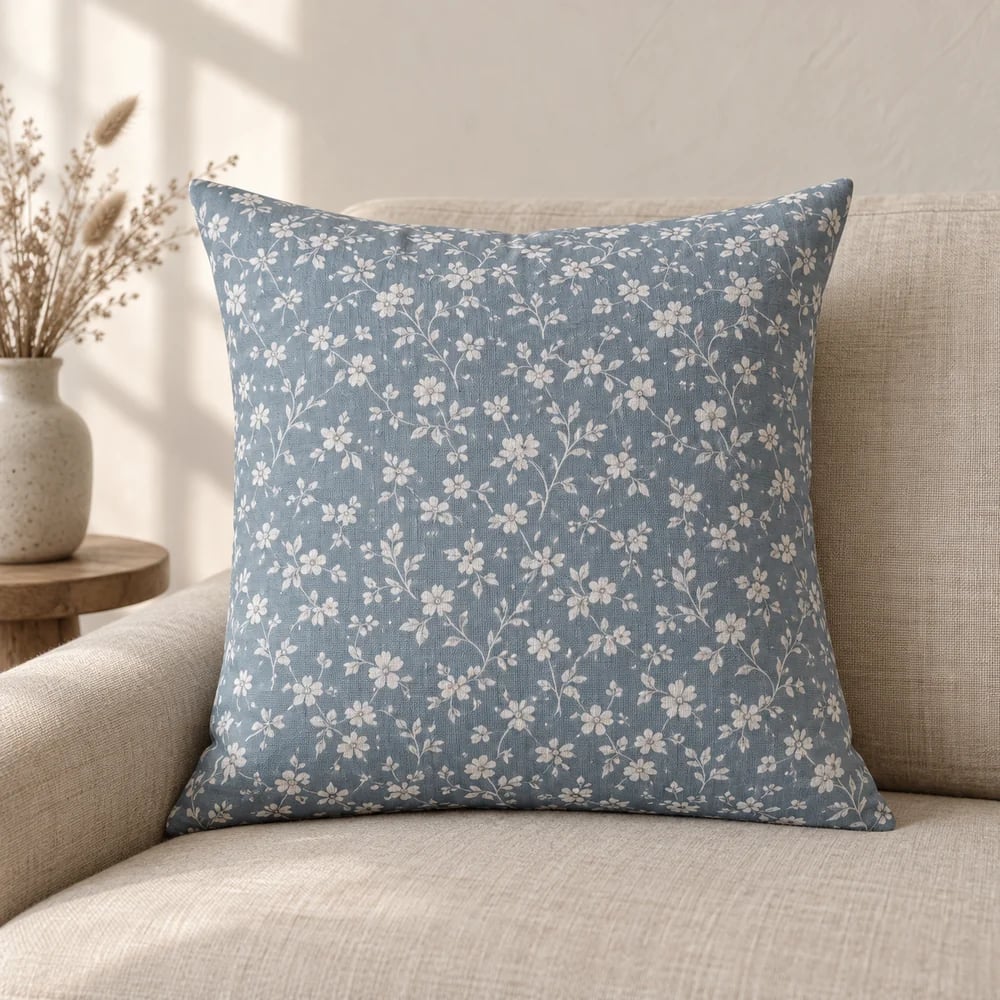Cotton cushion cover, floral print in muted blue