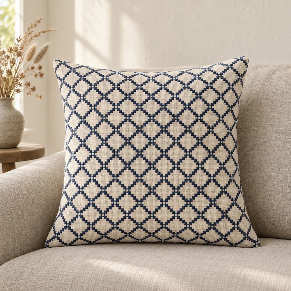 Cotton cushion cover, geometric jacquard in ivory