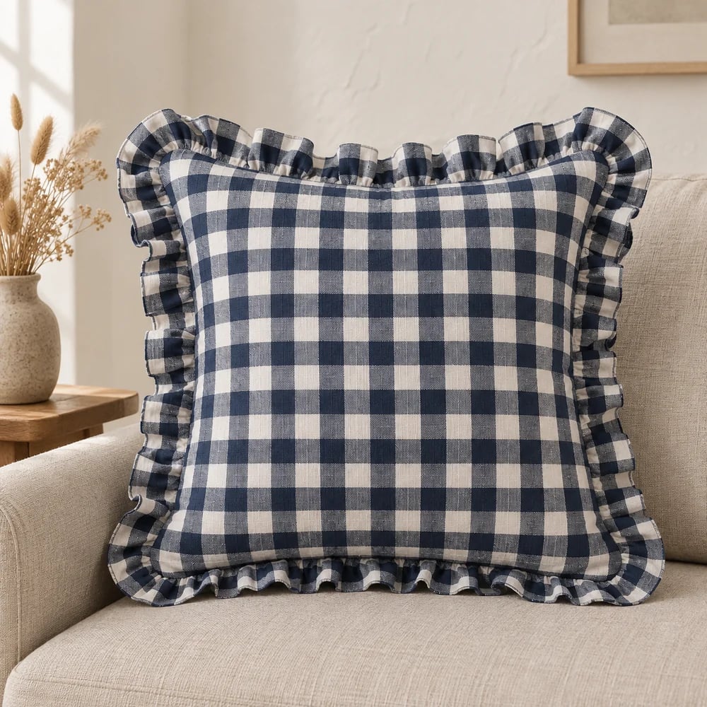 Linen cushion cover, gingham in navy