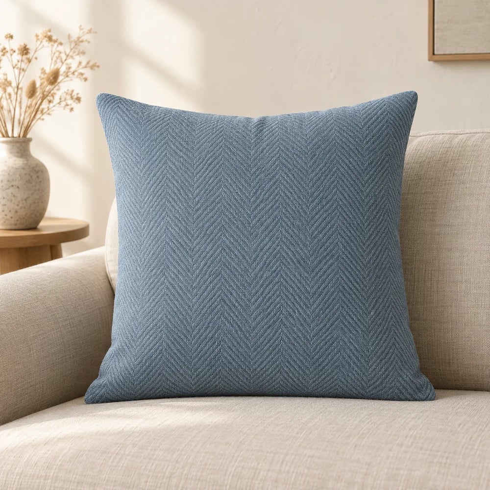 Linen cushion cover, herringbone in muted blue