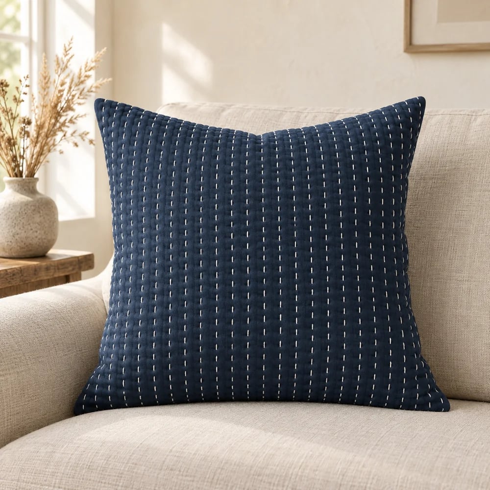 Cotton cushion cover, kantha stitched in navy