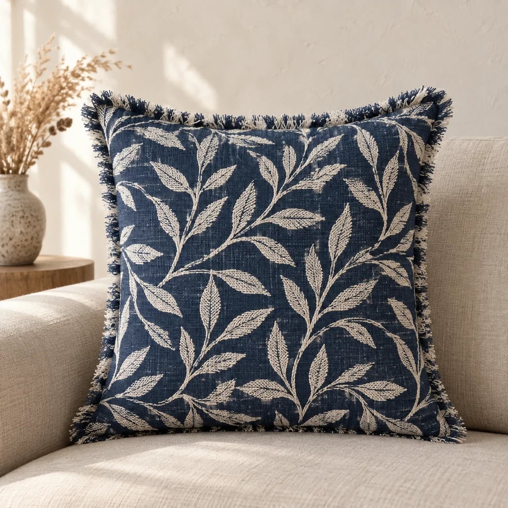 Linen-cotton cushion cover, leaf jacquard in navy