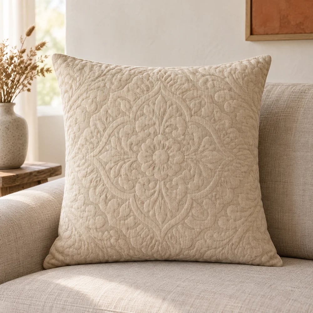 Cotton cushion cover, matelassé medallion in natural linen