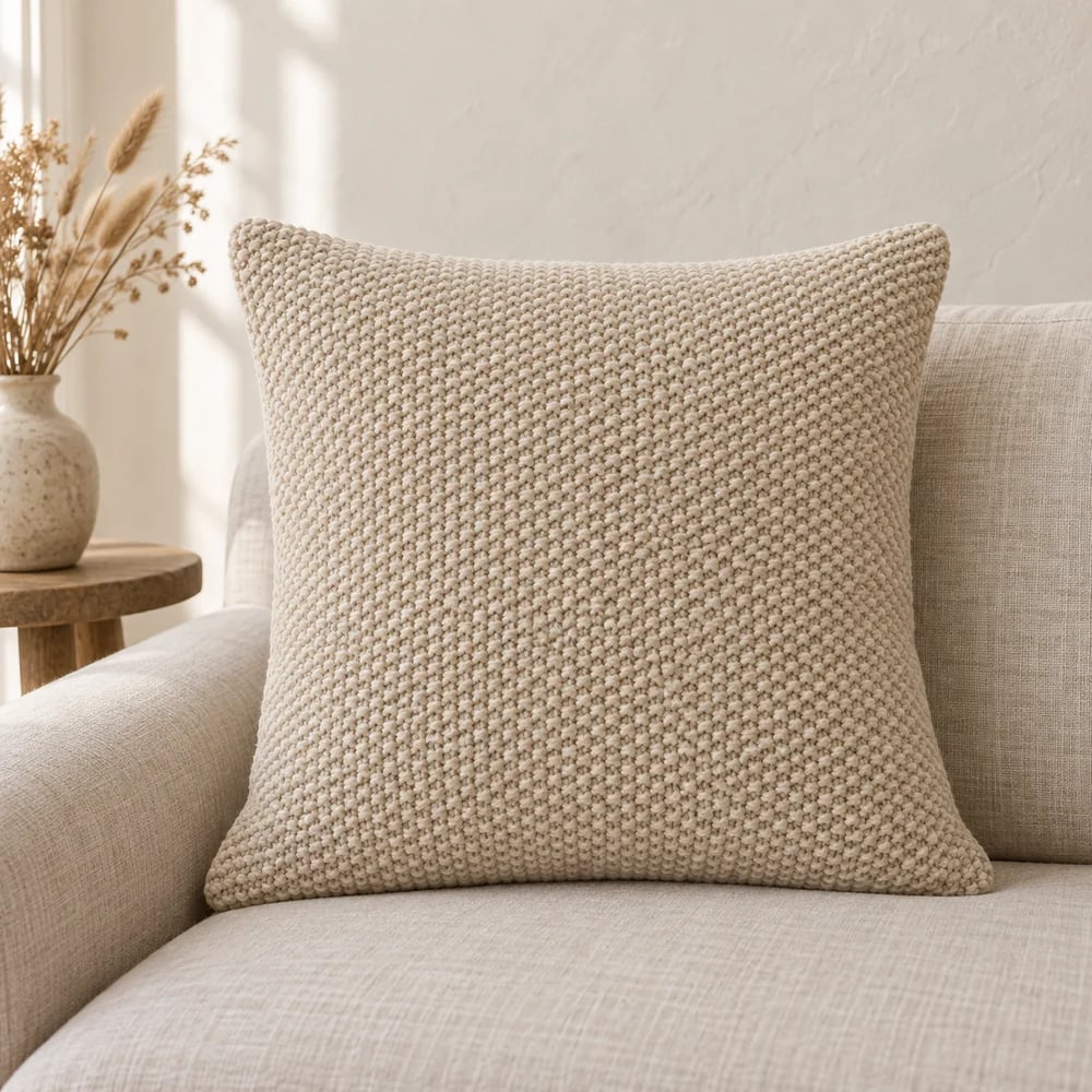 Textured stitch knit cushion cover in oatmeal