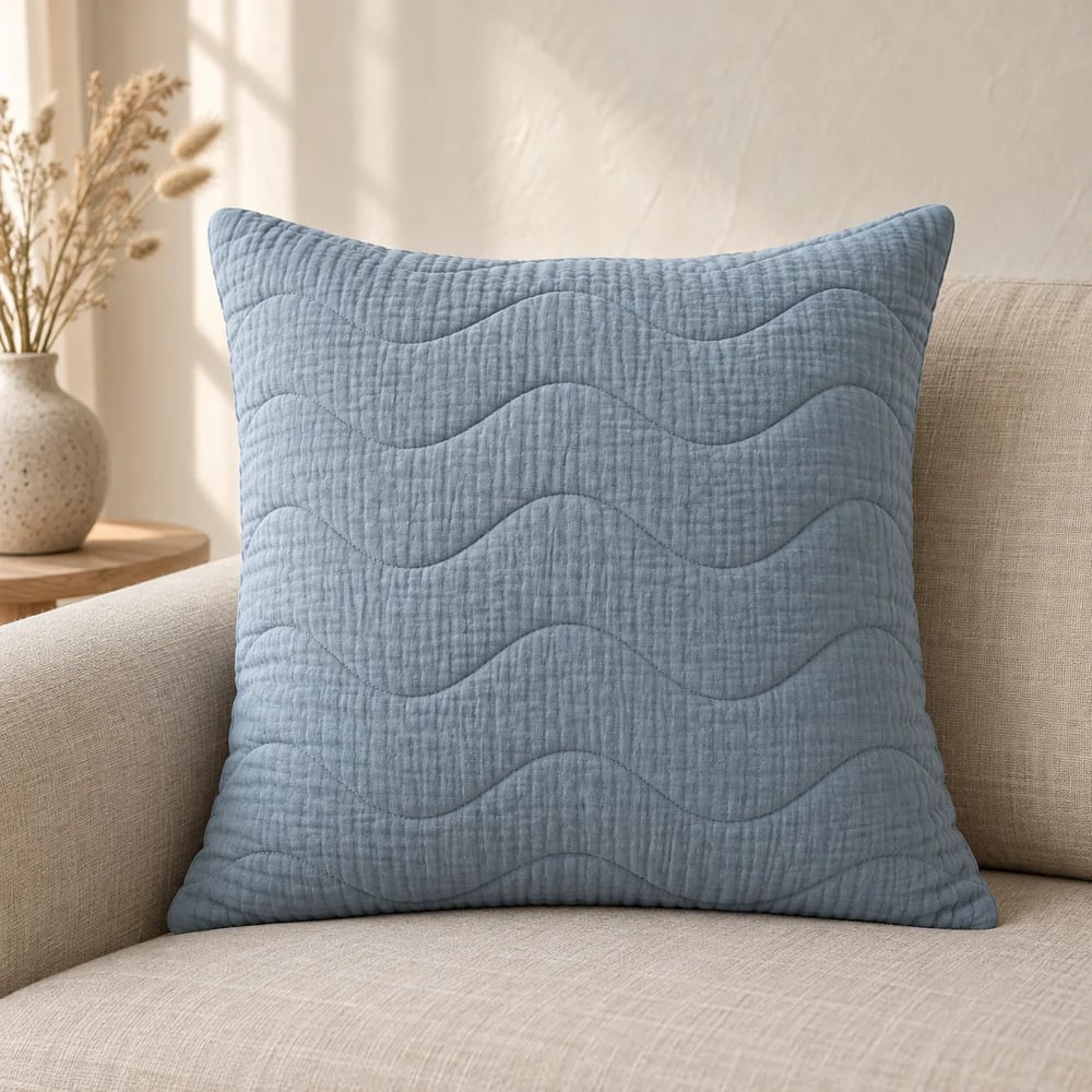 Cotton muslin cushion cover, quilted in muted blue
