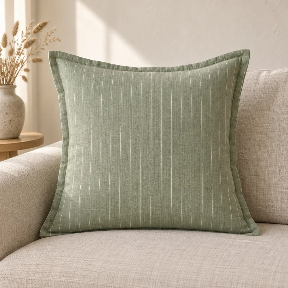 Linen cushion cover, pinstripe in sage