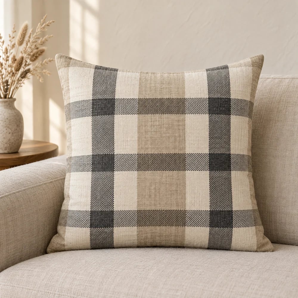 Linen-cotton cushion cover, plaid in flax