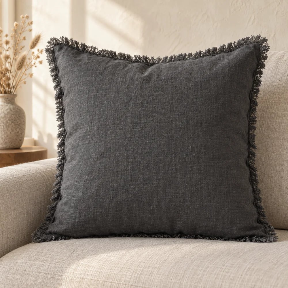 Linen cushion cover, self fringed in charcoal