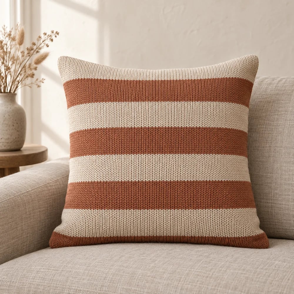 Striped knit cushion cover in natural linen