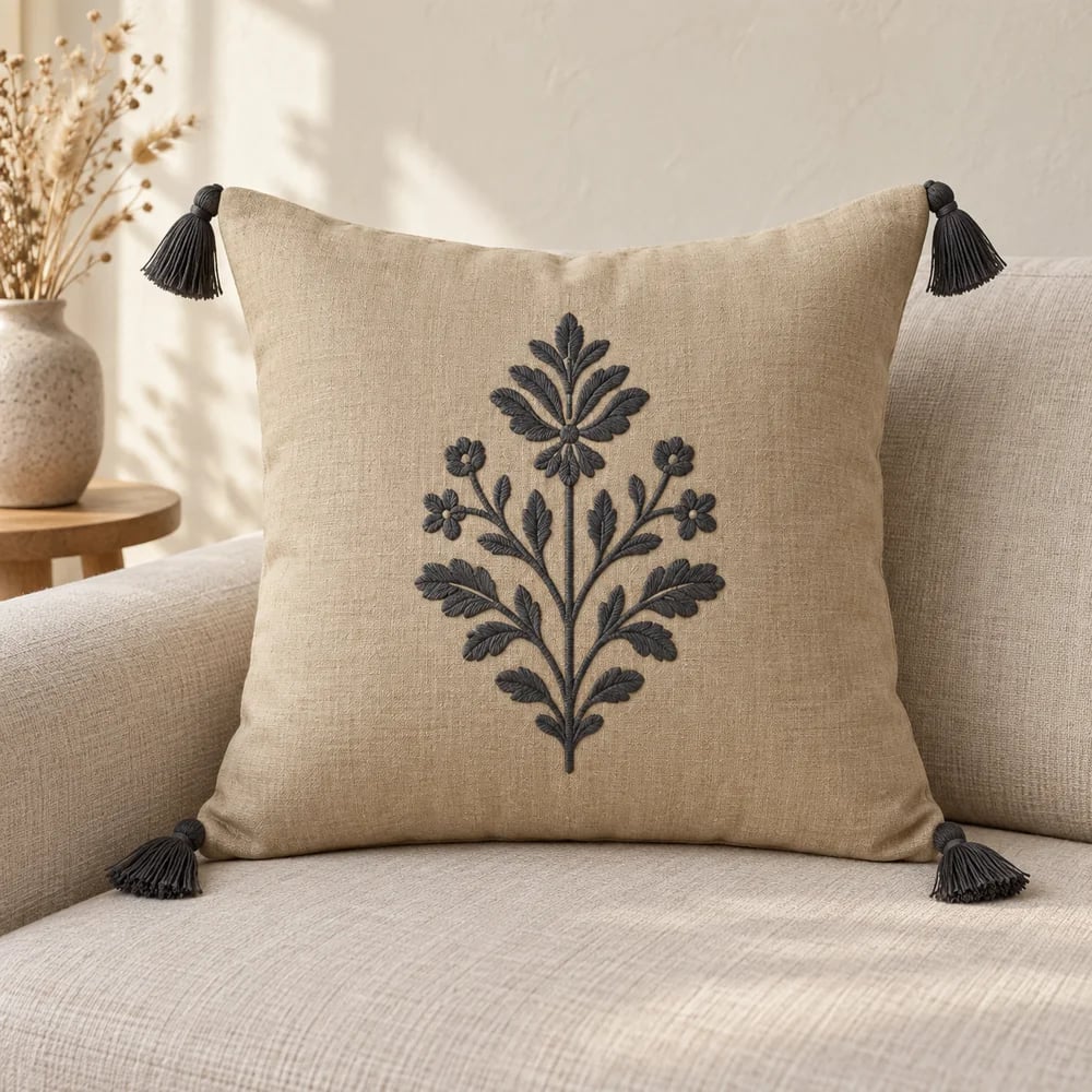Cotton cushion cover, embroidery and tassels in flax