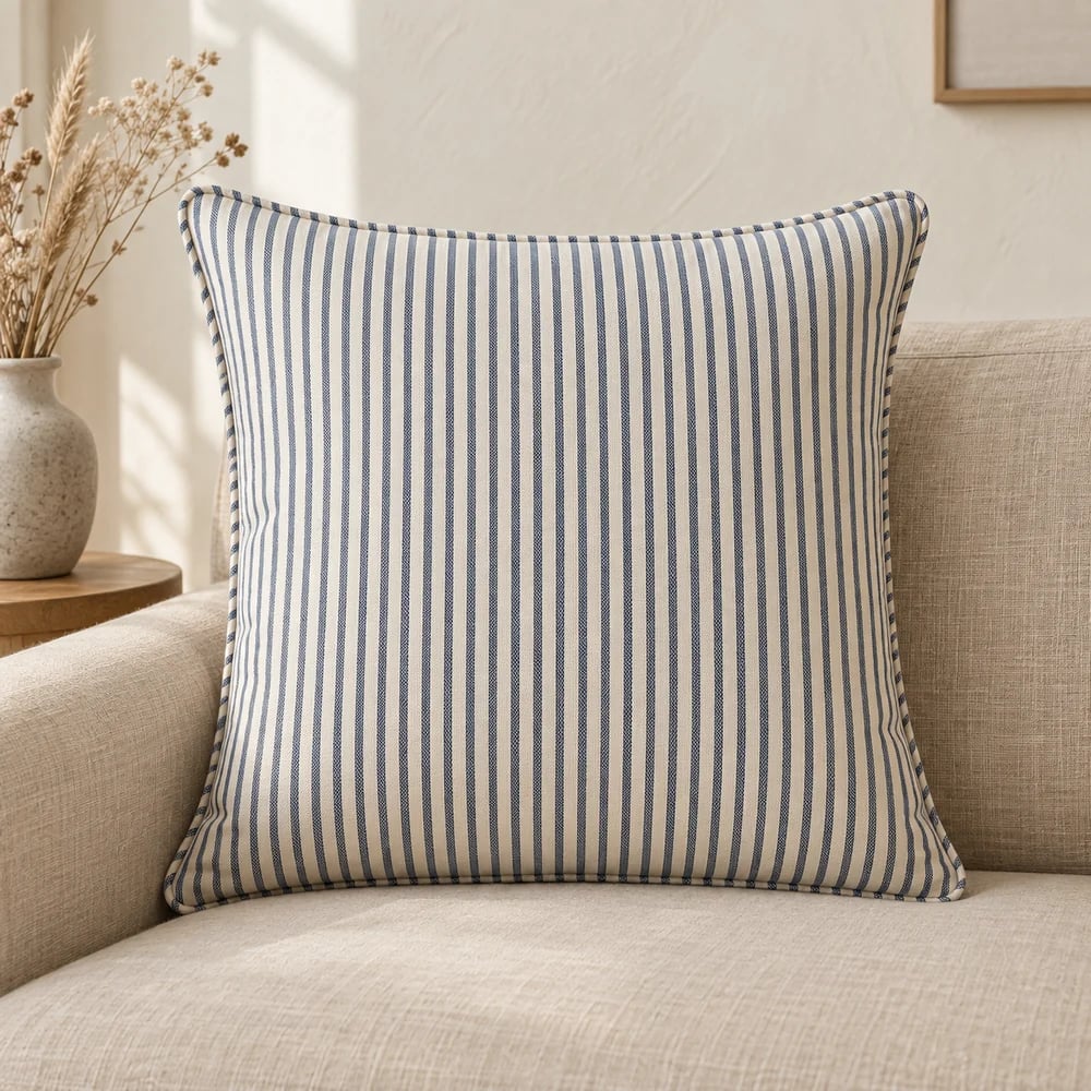 Cotton cushion cover, ticking stripe in ivory