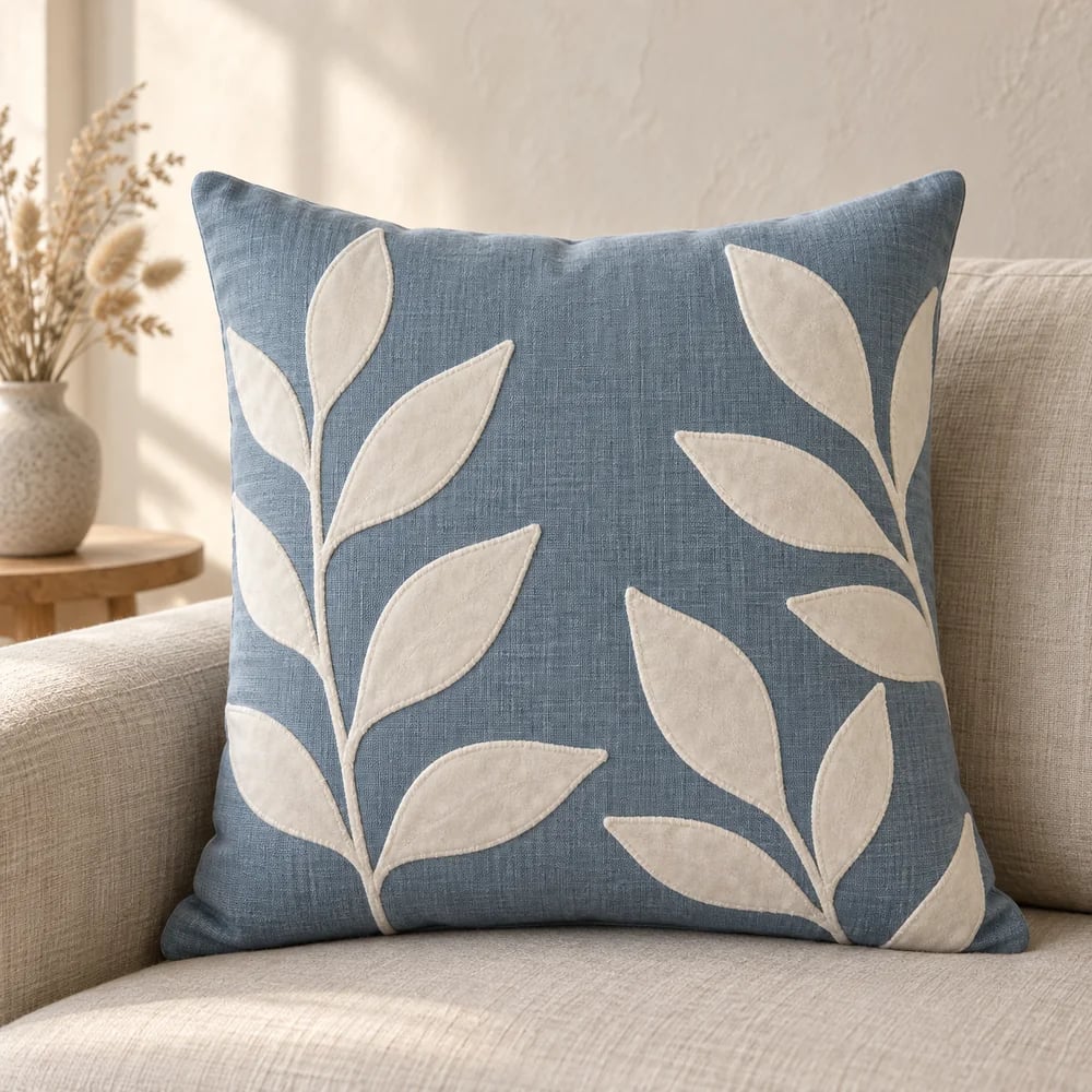 Linen-cotton cushion cover, velvet appliqué in muted blue