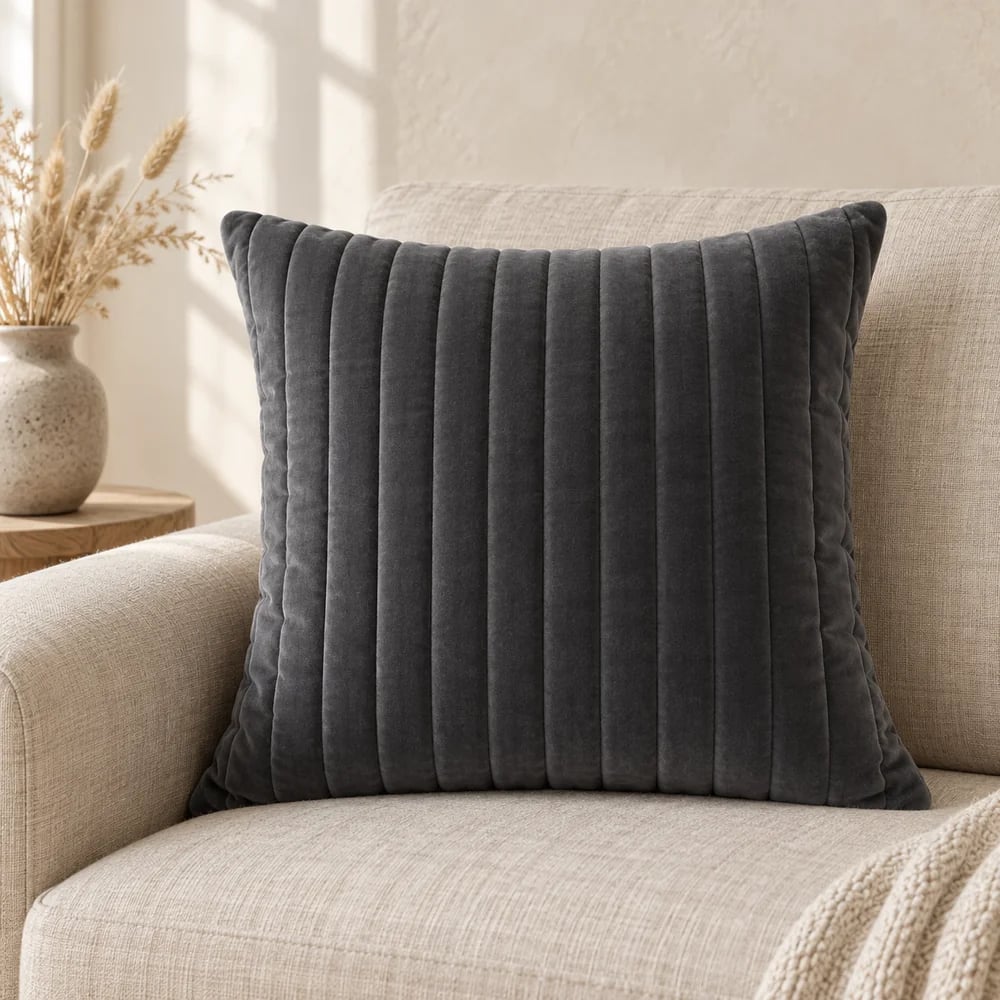 Cotton velvet cushion cover, channel quilted in charcoal