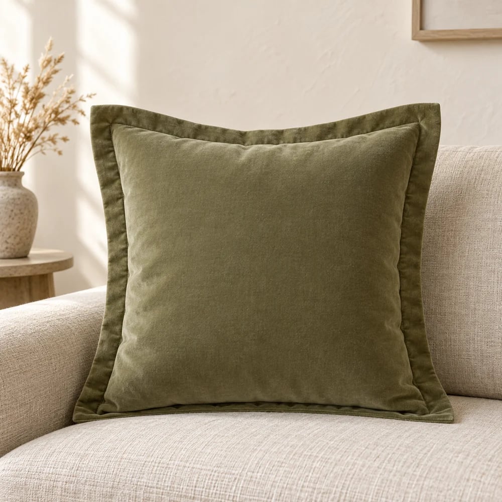 Cotton velvet cushion cover, flanged in olive