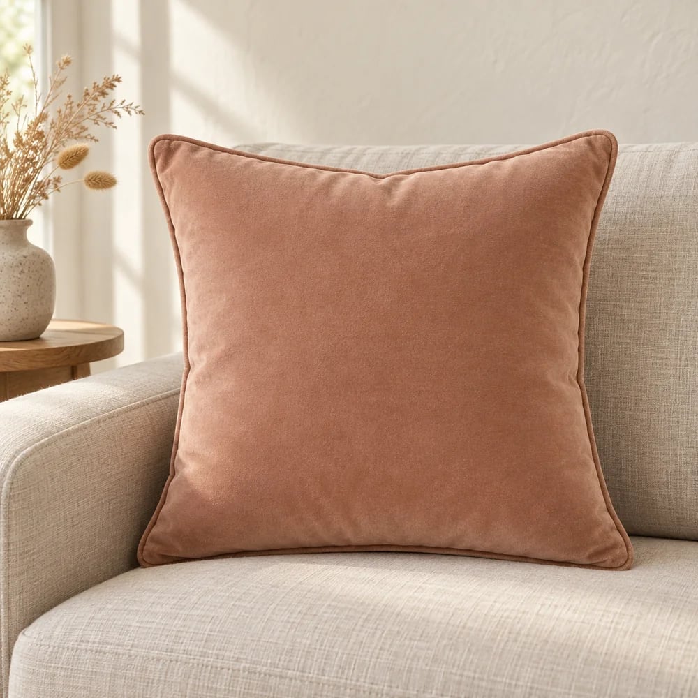 Cotton velvet cushion cover, piped in clay