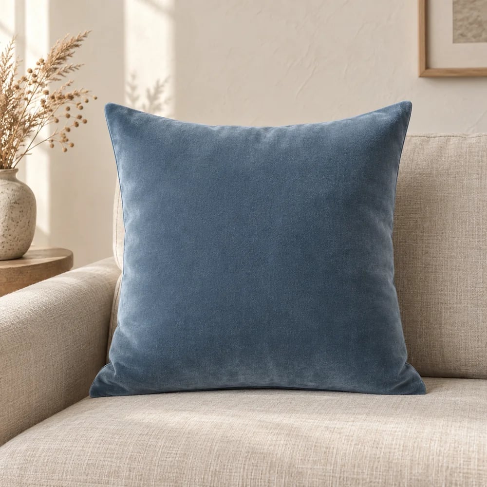 Cotton-viscose velvet cushion cover in muted blue