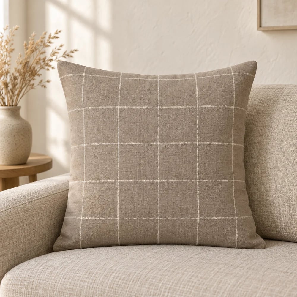 Cotton cushion cover, windowpane check in taupe
