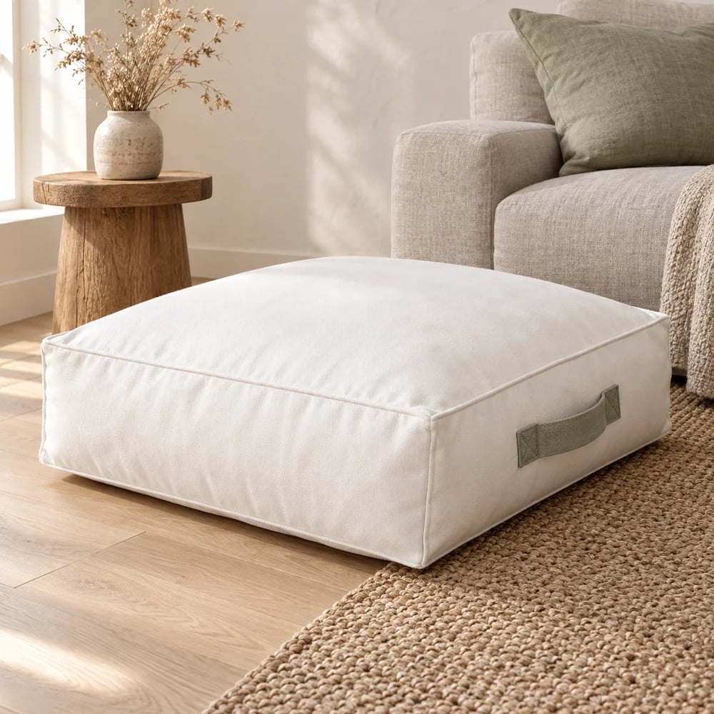 Cotton canvas floor cushion, boxed with handle in white