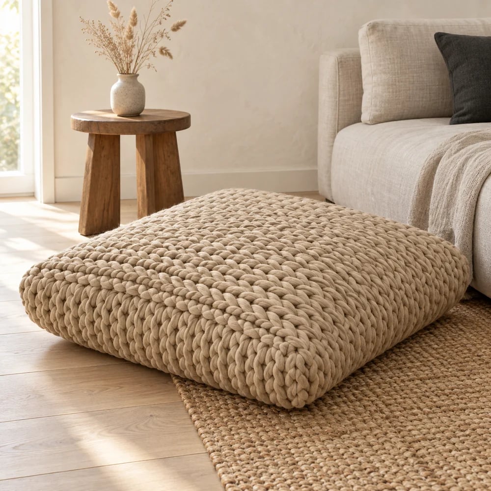 Chunky knit floor cushion in flax