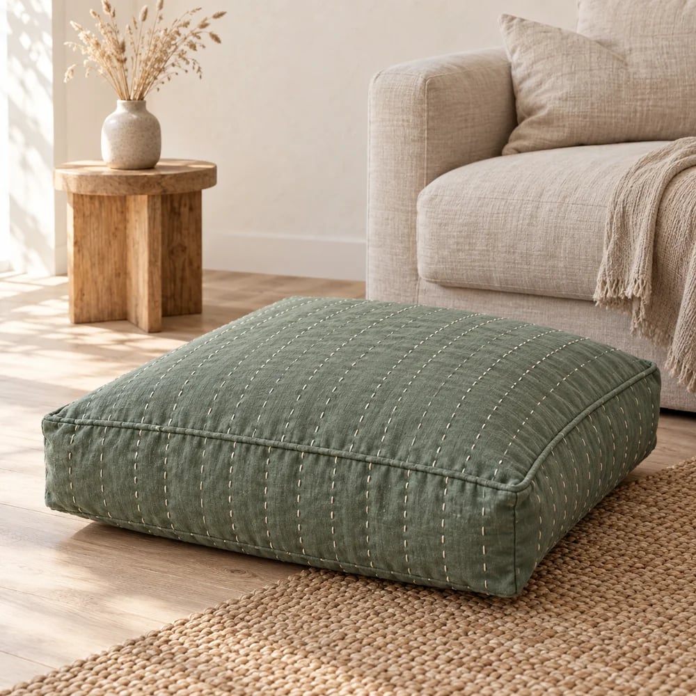 Cotton floor cushion, kantha stitched in eucalyptus