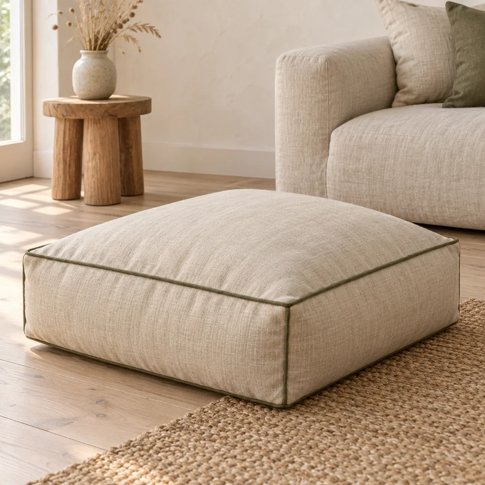 Linen floor cushion, box edge, piped in oatmeal