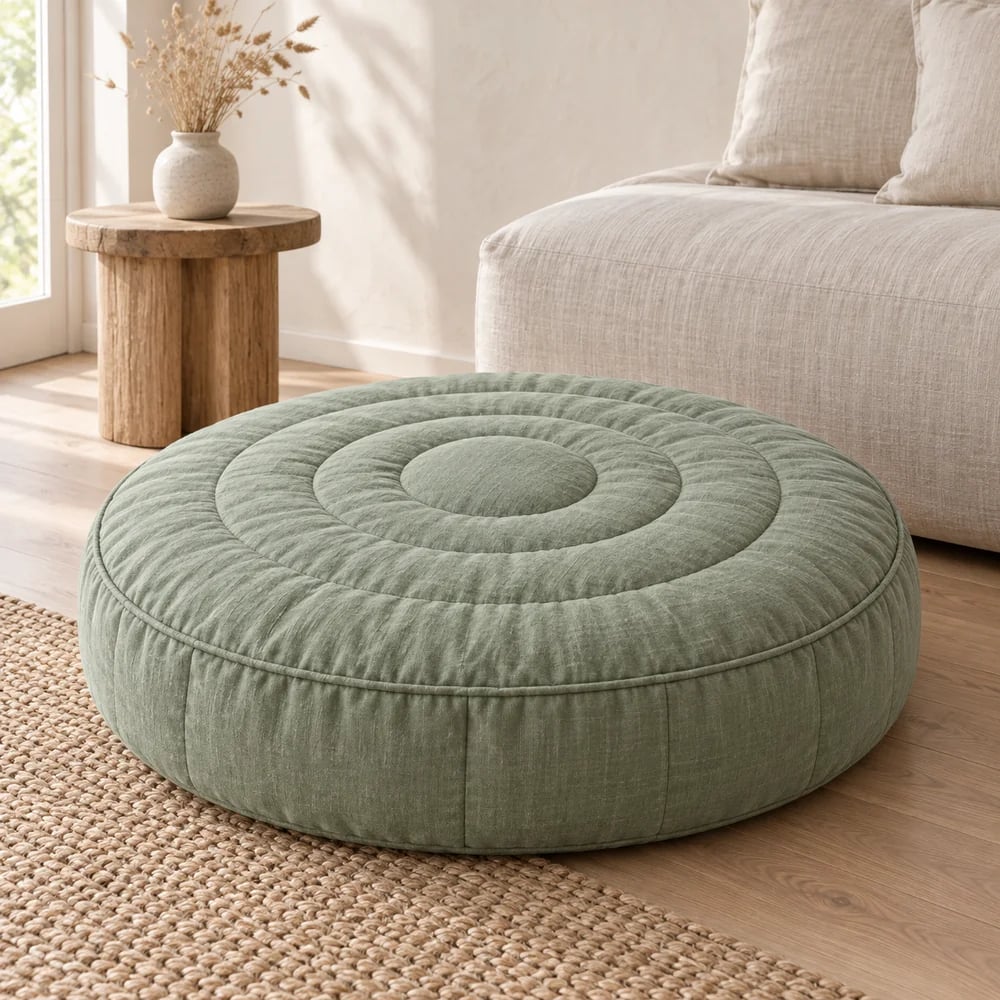 Round sage floor cushion quilted in rings with a gusseted side