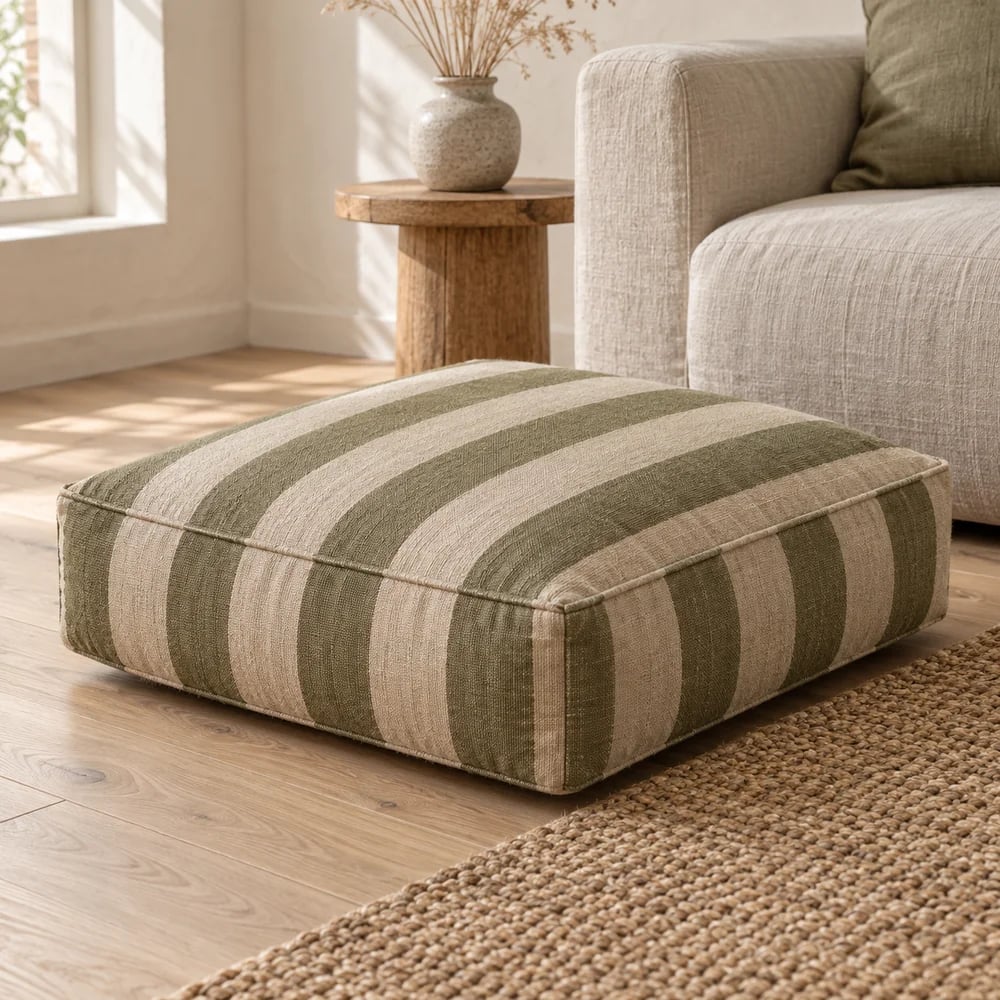 Cotton floor cushion, woven stripe, boxed in olive
