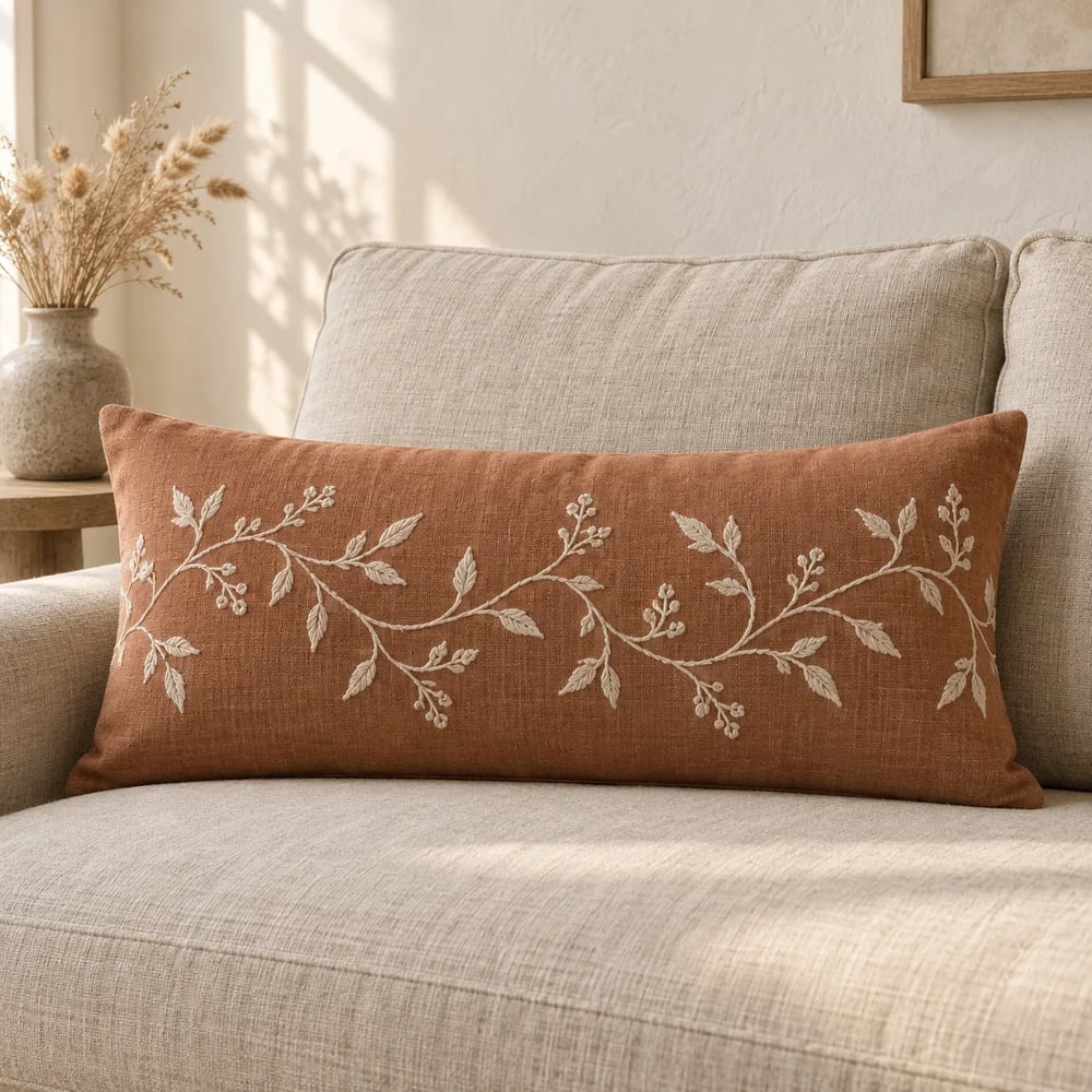 Terracotta linen-cotton lumbar cushion with ivory botanical embroidery