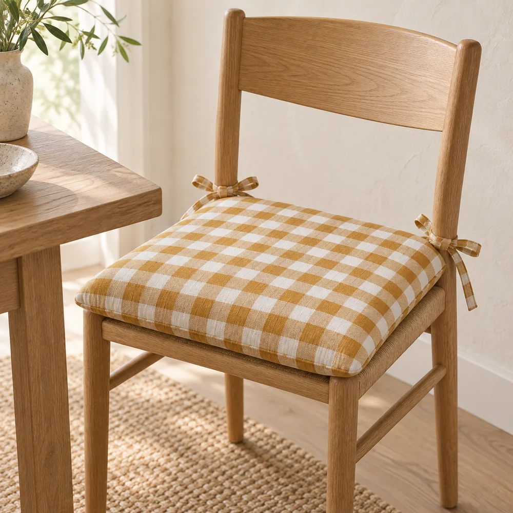 Ochre gingham linen seat pad tied onto an oak dining chair