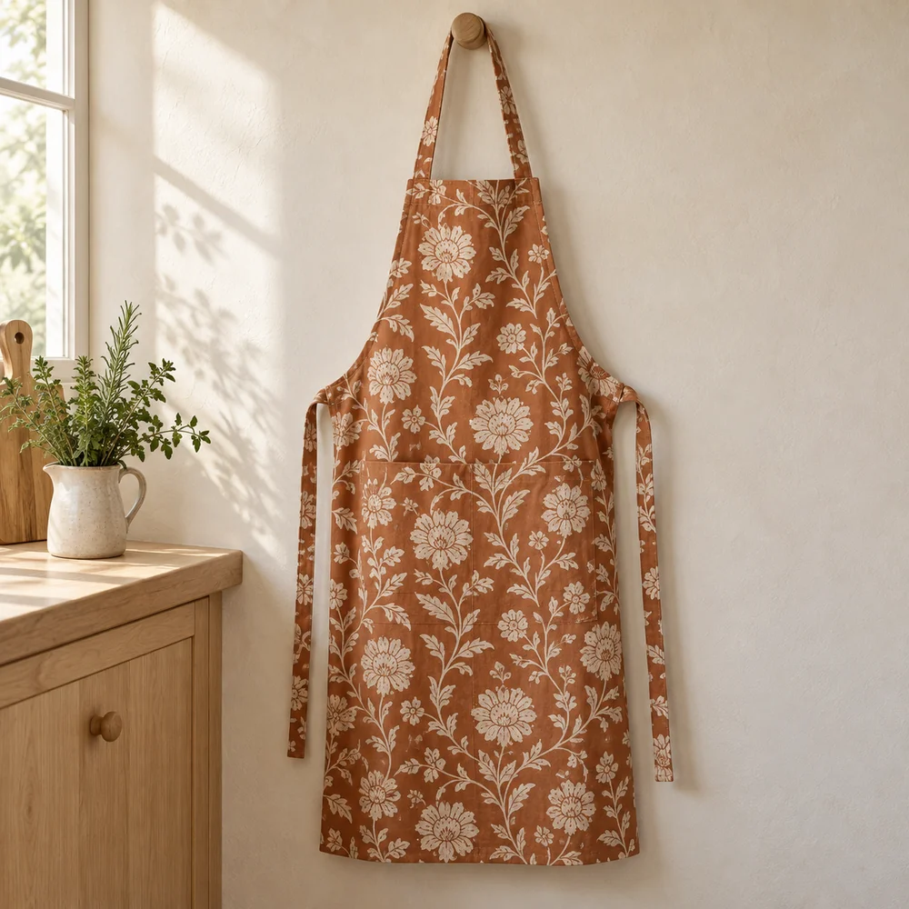Printed apron in terracotta