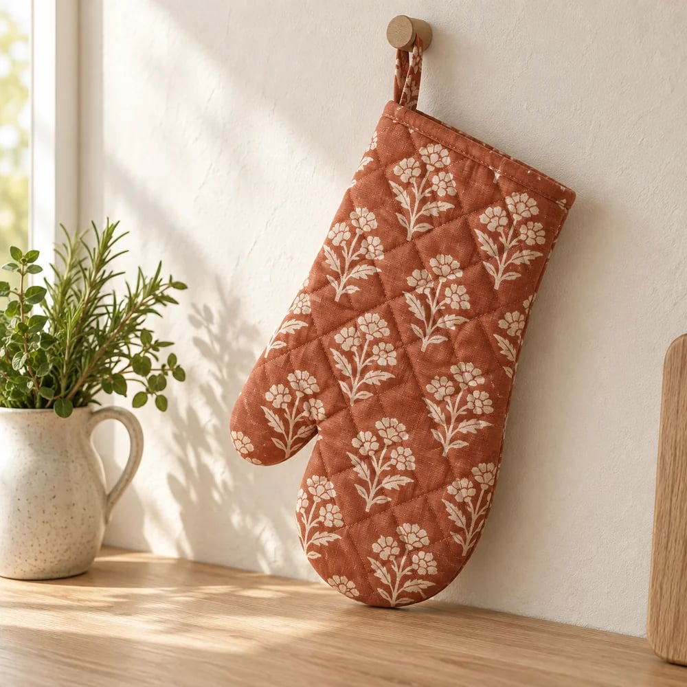 Printed oven mitt in terracotta
