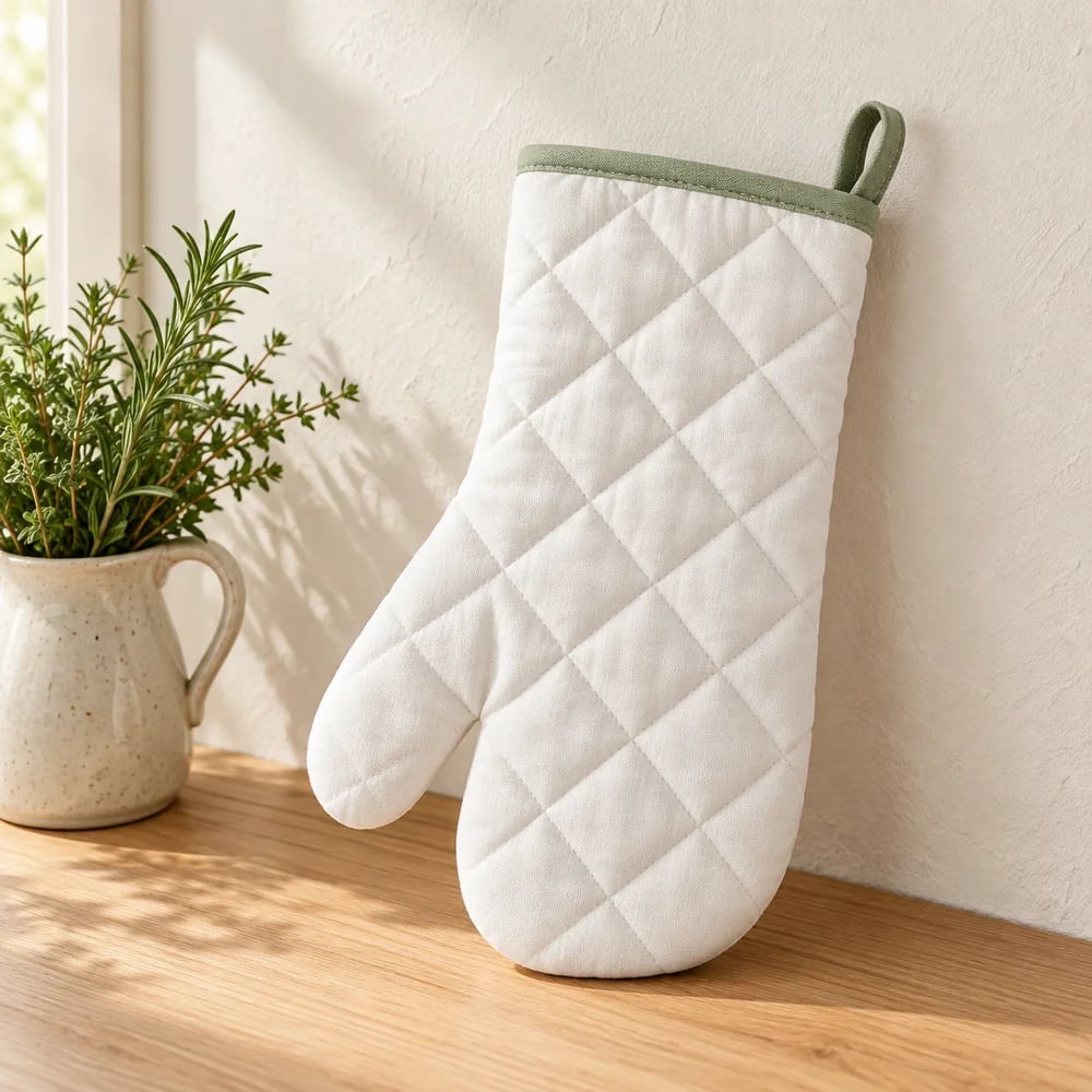 Quilted oven mitt in white