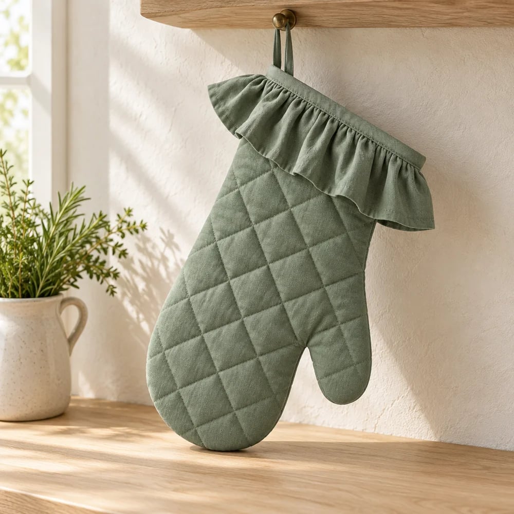 Ruffled oven mitt in eucalyptus